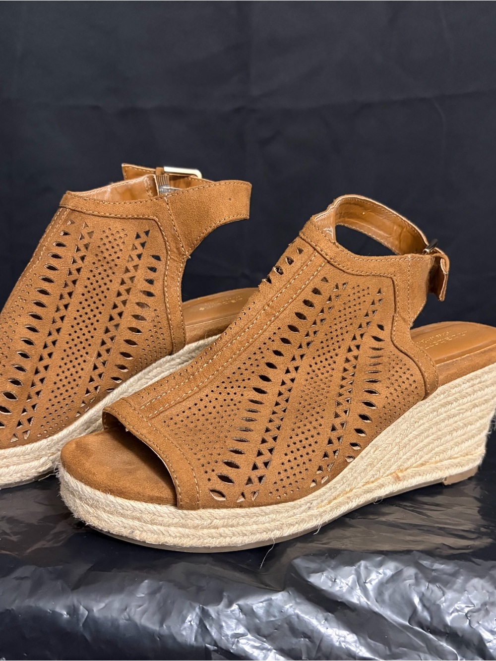 Liz Claiborne Tan Perforated Espadrille Wedge Sandals